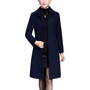 Women's Navy Wool Trench Coat Winter Long Thick Overcoat Walker Coats